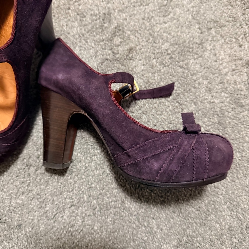 Chie Mihara Purple Suede Mary Jane Pumps Bow Block Heel Made in‎ Spain Size 37 - Picture 9 of 10